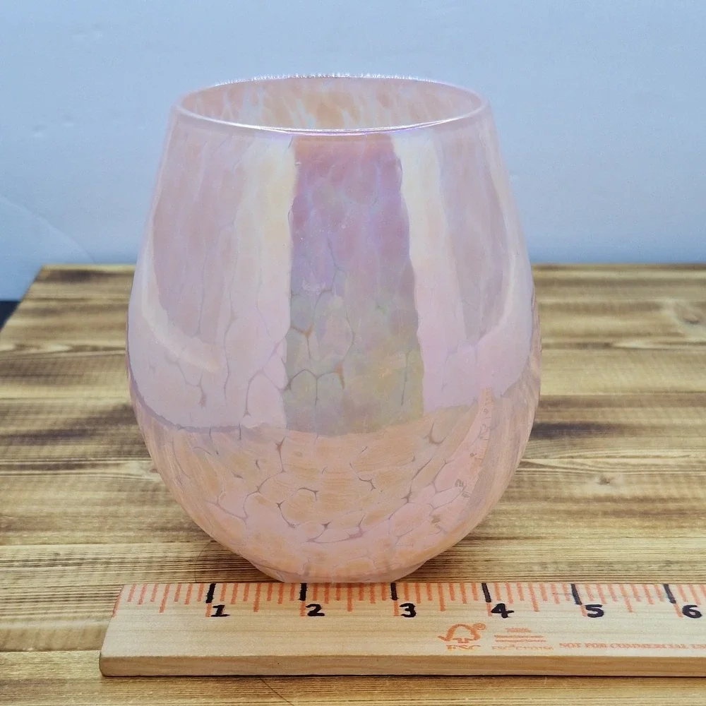 Pink Iridescent Studio Art Glass Hand Blown Vase Spotted 5.5 Inch Pontil‎
